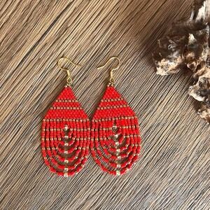 Red‎ Beaded Teardrop Earrings Gold Accent Boho Dangle Handmade Jewelry
